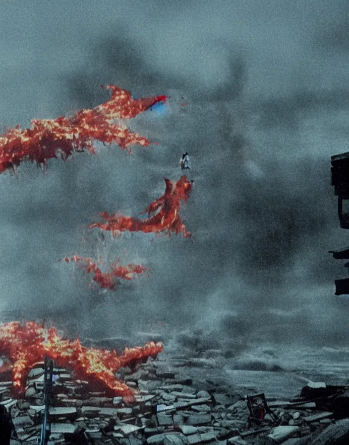 Image similar to a filmstill of a north korean monster movie, kaiju - eiga monster starfish - like trampling a traditional korean palace, foggy, film noir, epic battle, etheral, explosions, thriller, by akira kurosawa and wes anderson video compression