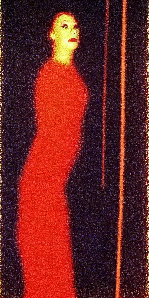 Image similar to a film still of suspiria by dario argento 1 9 7 7 movie, painted by georges seurat, impressionism, points, pointillism, high quality