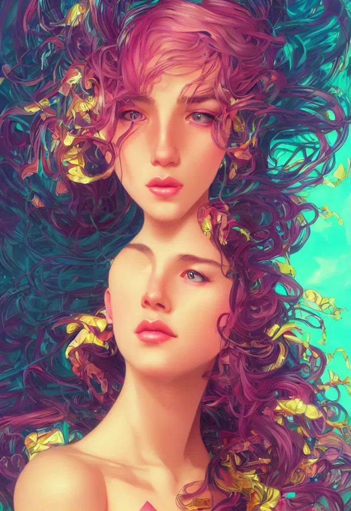 Image similar to beautiful, young woman, detailed gorgeous face, vaporwave aesthetic, synthwave, colorful, psychedelic, artstation, concept art, smooth, extremely sharp detail, finely tuned detail, ultra high definition, 8 k, unreal engine 5, ultra sharp focus, illustration, art by artgerm, greg rutkowski and alphonse mucha