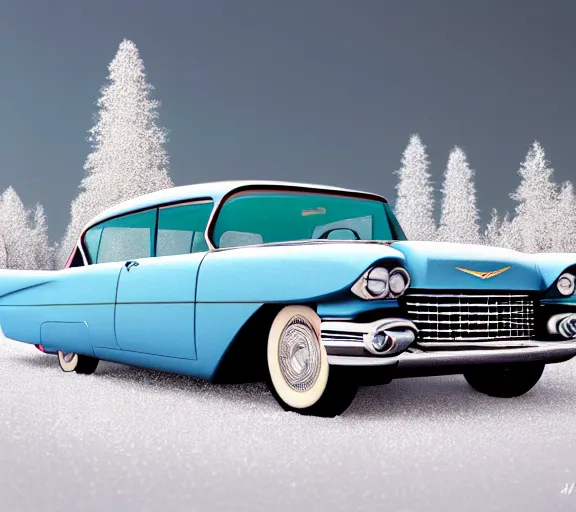 Prompt: a miniature 1959 Cadillac car in the snow, macro shot. Digital illustration, very vibrant colors, soft lighting, adventurous, atmospheric lighting, 8K, octane render. By Makoto Shinkai, Stanley Artgerm Lau, WLOP, Rossdraws, James Jean, Andrei Riabovitchev, Marc Simonetti, krenz cushart, Sakimichan, D&D trending on ArtStation, digital art.