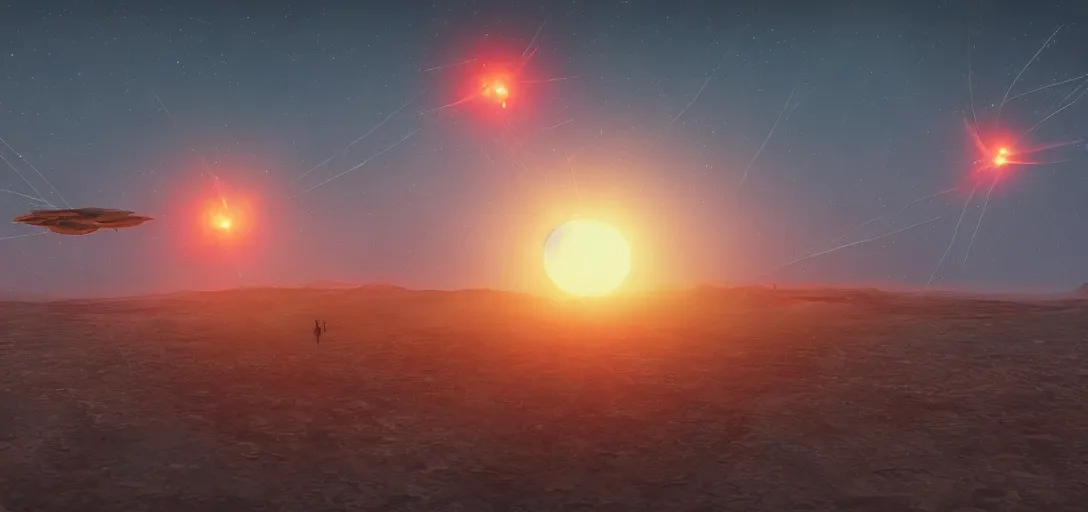 Image similar to three red flares flying over a blue desert in late evening, artstation, close encounters of the third kind, realistic, surreal flat colors, concept art