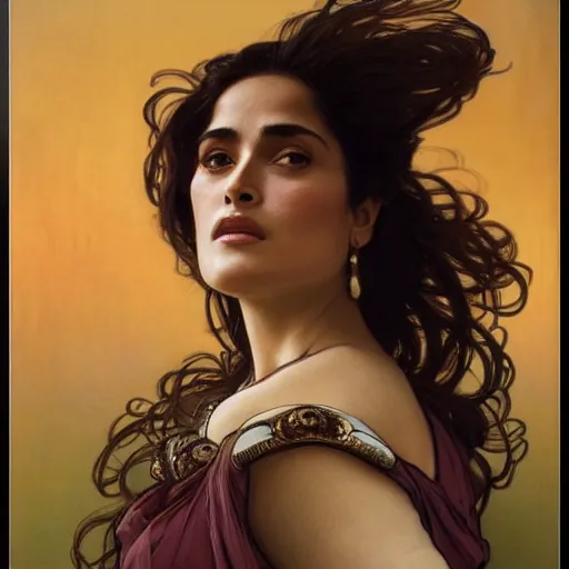 Prompt: salma hayek portrait by alphonse mucha, playful, fantasy, medieval, beautiful face, perfect detailed eyes, vivid colrs, elegant, concept art, sharp focus, digital art, hyper - realistic, 4 k, unreal engine, highly detailed, hd, dramatic lighting by brom, trending on artstation, holy halo