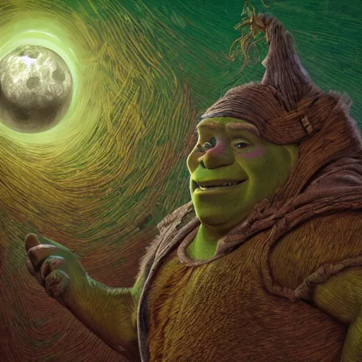 Prompt: photorealistic shrek in the style of michael whelan and gustave dore. hyperdetailed photorealism, 1 0 8 megapixels, fully clothed, lunar themed attire, amazing depth, glowing rich colors, powerful imagery, psychedelic overtones, 3 d finalrender, 3 d shading, cinematic lighting, artstation concept art