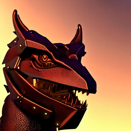 Prompt: close up bust shot, realistic detailed stunning beautiful armored anthropomorphic humanoid female robot dragon, looking to the side, sleek streamlined armor and design made of steel, sharp claws and sharp teeth, Slick LEDs, standing on two legs, on the beach during sunset, high quality, cinematic art, sunset lighting, artstation, deviantart, furaffinity