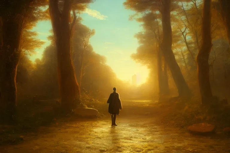 Prompt: a time traveler walking through a portal in toyko, very detailed, oil painting, cinematic lighting, albert bierstadt, trending on artstation, colorful, canvas, sunset, hans dahl