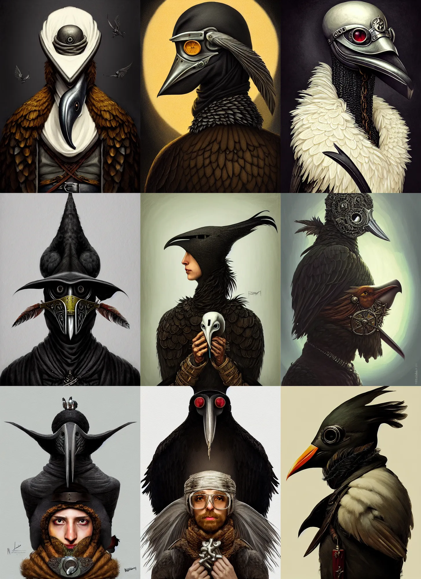 Prompt: rpg! profile! portrait of humanoid bird on white background, beak, feathers, plague doctor, beautiful clothes, d & d, dark fantasy, intricate, highly detailed, digital painting, artstation, concept art, smooth, sharp focus, illustration, art by norman rockwell emiliano ponzi andrey remnev yoann lossel aaron jasinski, 8 k
