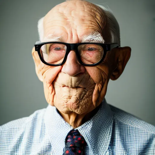Prompt: a 99 year old man from New York, no beard, balding, square rimmed glasses, cream button up shirt. Medium shot, mid-shot,