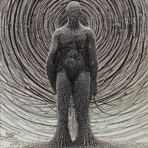 Prompt: an exhausted deity, contemplating existence, beyond the known universe, fine art, bokeh, omnidimensional, ocd, electroluminescent wire by wayne barlowe + jack davis