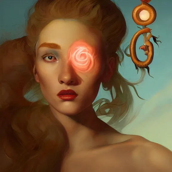 Image similar to a highly detailed portrait in the style of john currin and in the style of peter mohrbacher. glowing rune of magical power.