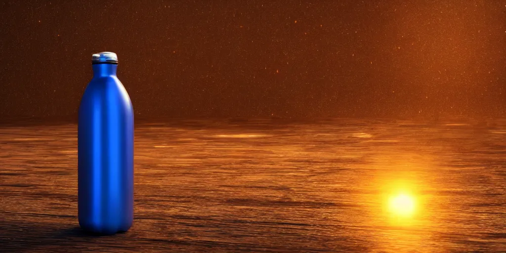 Image similar to a supernova inside a water bottle on a wooden table, hyperrealistic, concept art, octane render, unreal engine 5, trending on artstation, high quality, highly detailed, 8 k hdr, soft lighting, path traced, a beach at sunset in the background, bloom, high coherence, symmetrical, high contrast, digital art, serene landscape, cinematic