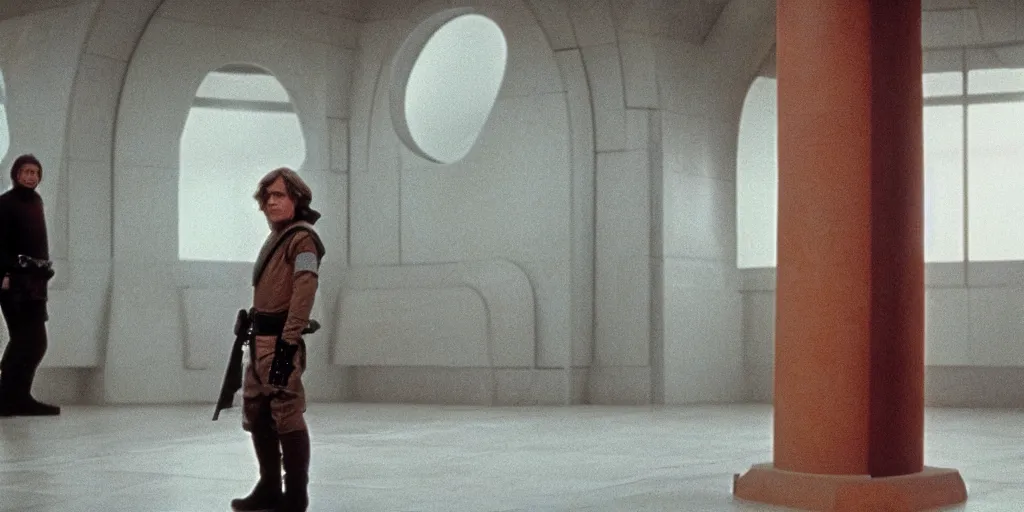 Image similar to screenshot of master Luke Skywalker played by Mark Hammil standing alone in the Jedi Temple, 1970s thriller by Stanely Kubrick film, color kodak, ektochrome, anamorphic lenses, detailed faces, hyper realistic, photoreal, detailed portrait, moody cinematography, strange lighting