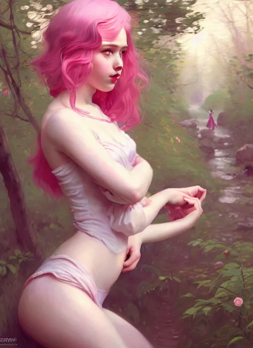 Prompt: whimsical young woman, beautiful girl, full body, pink hair, in a forest, realistic, serov, surikov, vasnetsov, repin, kramskoi, insanely detailed, charlie bowater, tom bagshaw, high resolution, octane rendered, unreal engine, illustration, trending on artstation, masterpiece, 8 k