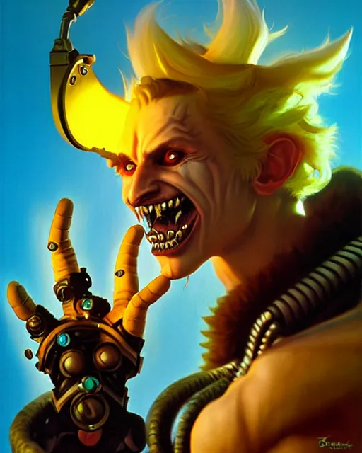 Image similar to junkrat from overwatch, character portrait, portrait, fantasy art, sci - fi art, radiant light, caustics, by boris vallejo