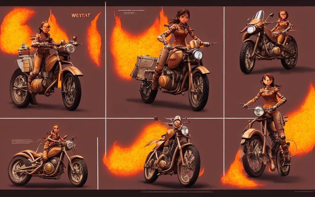 Image similar to weta disney pixar character sheet of 🏍 : : flames : : by weta, greg rutkowski, wlop, ilya kuvshinov, rossdraws, artgerm, marvel, unreal engine, bright morning, anime