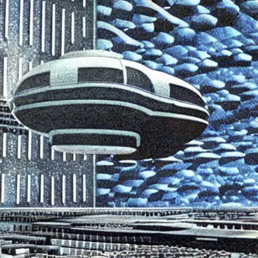 Image similar to megastructure floating in space, highly detailed 1 9 7 0 s scifi art