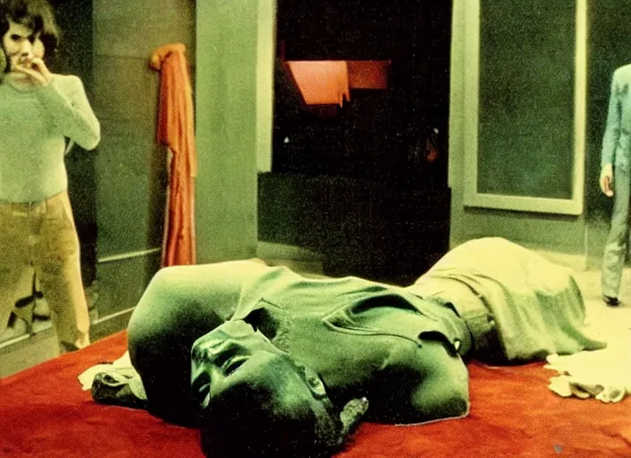 Prompt: disturbing 1 9 7 0 color photography of headless corpse man horror film practical fx directed by dario argento