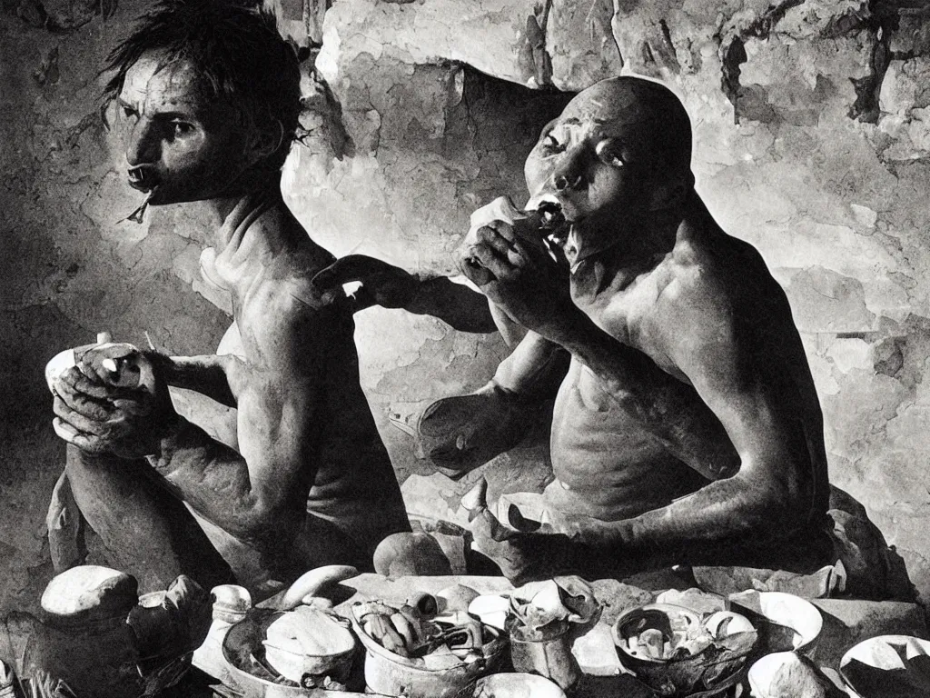 Prompt: The worker of the gold mines eating. Night. Painting by Georges de la Tour, Sebastiao Salgado