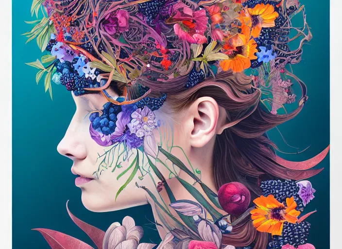 Image similar to a painting of a beautiful cyborg girl with a lot of flowers and blueberries and exotic plants on its head, poster art by android jones, behance contest winner, generative line art, made of flowers, grotesque, concert poster