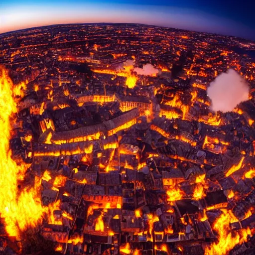 Image similar to a medieval city, plague, glowing fire, many people, wide angle