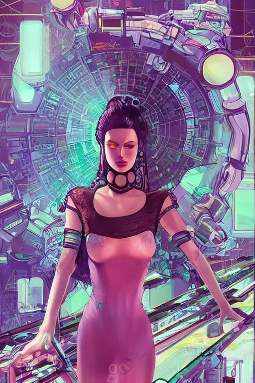 Image similar to attractive female android in feminine pose on a hyper-maximalist overdetailed retrofuturist scifi bookcover illustration from '70s. Inspired by shadowrun darkscifi utopia.. Biopunk, solarpunk style. Daytime