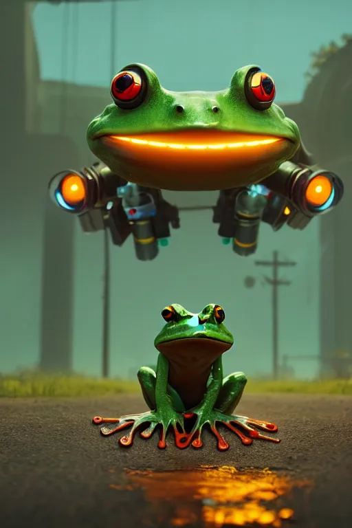 Prompt: the frog became a cyborg, ultra hd, Painting By Simon Stalenhag, unreal 5, DAZ, hyperrealistic, octane render, dynamic lighting, intricate detail, summer vibrancy, cinematic