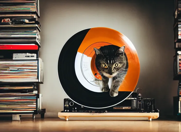 Image similar to photography of a Cat sitting on a record player. in a room full of vinyls and posters out of the 70's, photorealistic, raining award winning photo, 100mm, sharp, high res