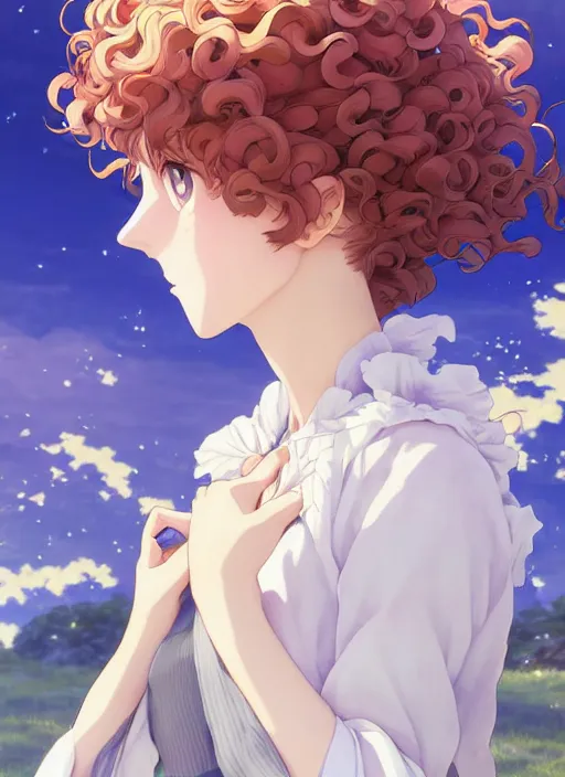 Image similar to Painting of a cottagecore witch with curly strawberry hair in the style of Violet Evergarden, beautiful anime art style, winged eyelashes, countryside, calm, fantasy character portrait, dark outlines, dynamic pose, above view, sunny day, artwork by Makoto Shinkai, very coherent asymmetrical artwork, sharp edges, perfect face, simple form, 100mm