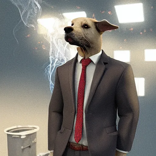 Image similar to a dog wearing a business suit smoking a cigar, dramatic lighting, cinematic, establishing shot, extremly high detail, photorealistic, cinematic lighting, concept art, artstation, style by greg rutkowsky