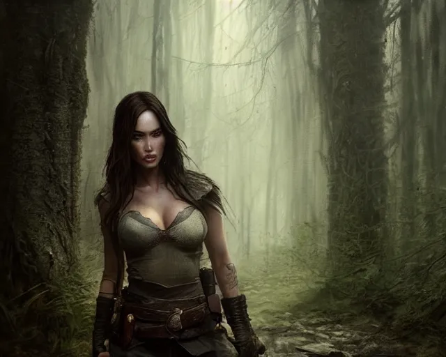 Image similar to 5 5 mm portrait photo of a real life tough looking megan fox as ciri with a large scar along her left cheek, in a magical forest. dark atmosphere. art by greg rutkowski. highly detailed 8 k. intricate. lifelike. soft light. nikon d 8 5 0.