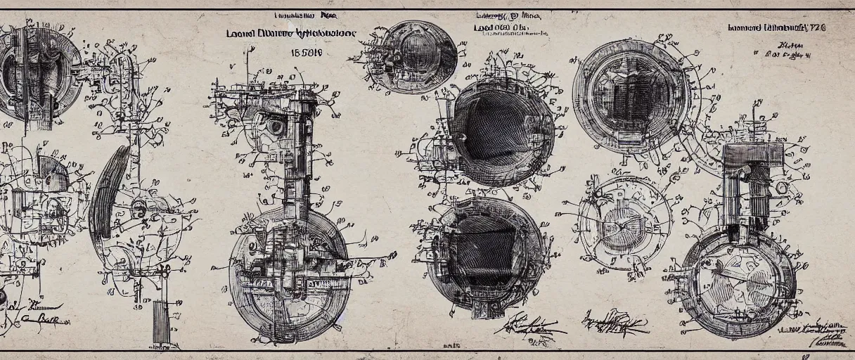 Image similar to an amazingly detailed leonardo davinci human-powered creativity-amplifier that is worn on the head. in the style of a patent diagram. rendered precisely.