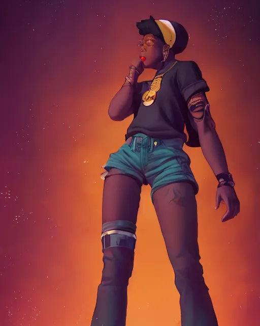 Image similar to a black girl as ( fantasy personification of hiphop ), character design, 9 0 s inspired clothing, unreal engine, ( highly detailed ), smooth, digital illustration by artgerm, tooth wu, studio ghibli, sharp focus, artstation. musical notes, black power fist. a police car, makoto shinkai, global illumination,, blender, maya 8 k