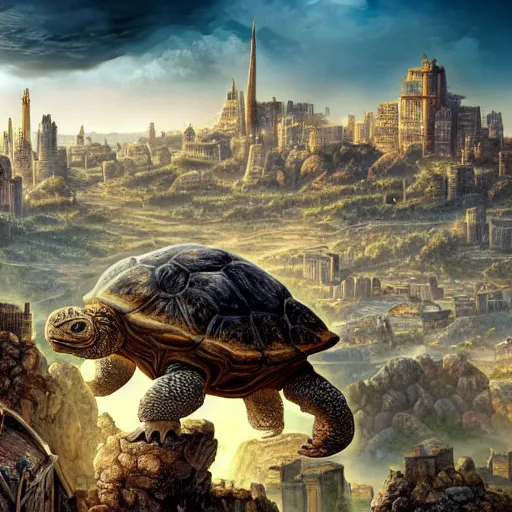 Image similar to Large Fantasy City perched atop a Giant tortoise stomping through the hot sunny desert, High detail, Dungeons and Dragons, Focus on giant tortoise, 4k