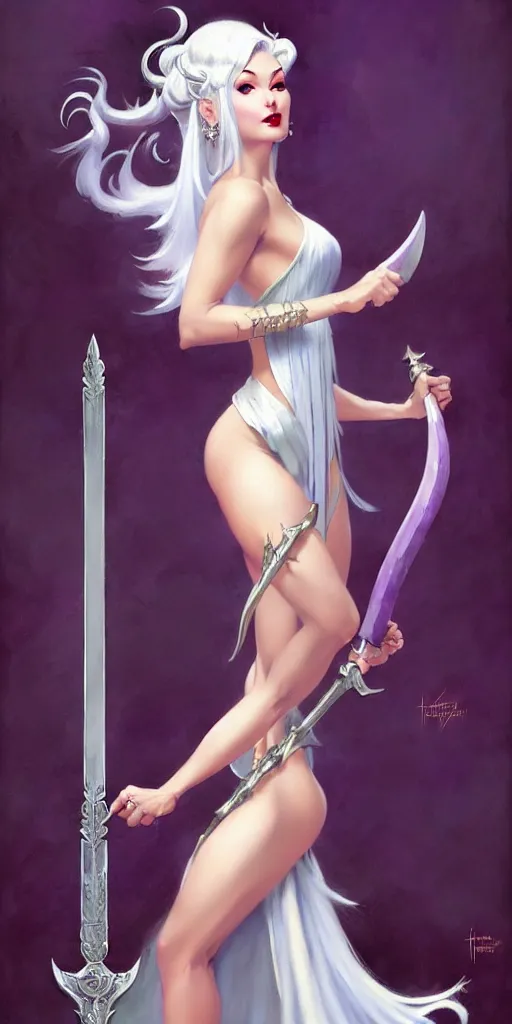 Image similar to frank frazetta painting of queen of hokra, silver white hair, violet long gown, full body, sorceress sword, soft lighting, trending on artstation, by huang guangjian and gil elvgren and sachin teng