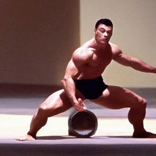 Image similar to cinematic still, young Jean Claude Vandamme doing the splits with a foot placed on separate chairs, dramatic lighting ,award winning,