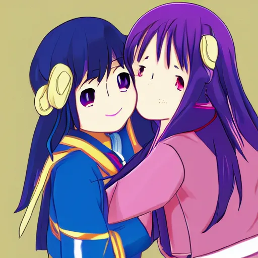 Image similar to athena asamiya and saori kido kissing, date, lesbian, trending on pixiv