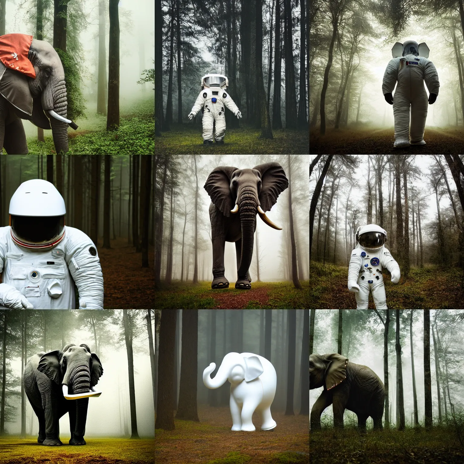 Prompt: giant elephant wearing white spacesuit with oversized helmet as astronaut animal, in the woods, foggy mood, overcast bokeh, macro shot - c 1 4