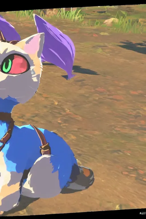 Image similar to in game footage of a cat from the legend of zelda breath of the wild, breath of the wild art style.