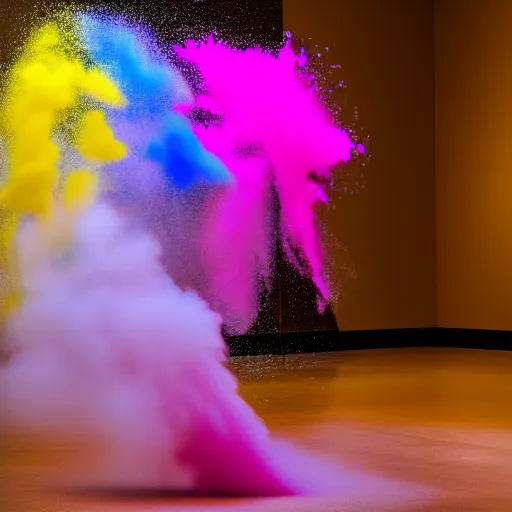 Image similar to photo of color powder explosion in art gallery, metropolitan museum of art, hellenistic sculptures, particles, fine detail