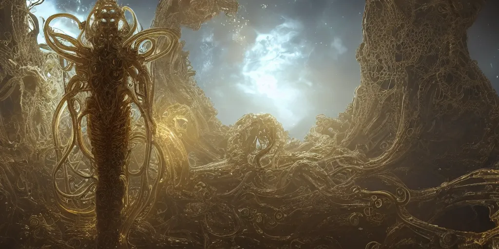 Prompt: a photo of 8k ultra realistic corrupted lovecraftian golden humanoid queen standing next to a spaceship window overlooking earth, 8 intricate white and gold tentacles, ornate white and gold armour, trending on artstation, 4k, hyperrealistic, focused, extreme details, unreal engine 5, cinematic, masterpiece