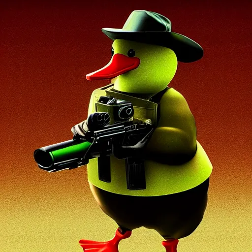 Image similar to a duck with a machine gun, photorealistic, award winning digital art, award winning gangster photography