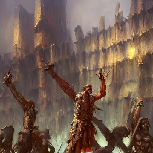 Prompt: giant statues of warriors with hand out in greeting by Marc Simonetti, fantasy art