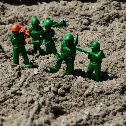 Image similar to toy army men, melting in a sandbox on a summers day