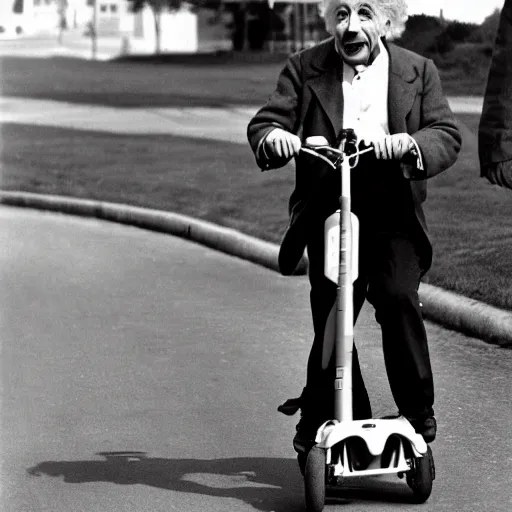 Image similar to Albert Einstein rides an electric scooter with his tongue out