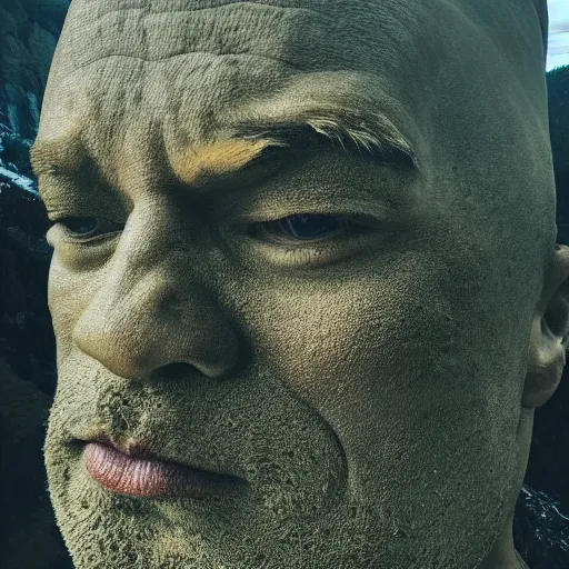 Image similar to a grey mossy rock with the face of dwayne johnson, shot on iphone 1