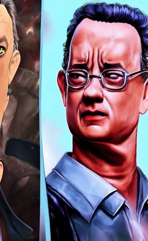 Image similar to Tom Hanks as a character in the game League of Legends, with a background based on the game League of Legends, detailed face, old 3d graphics