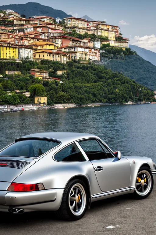 Image similar to Photo of a silver Porsche 911 Carrera 3.2 parked on a dock with Lake Como in the background, wide shot, rear view, daylight, dramatic lighting, award winning, highly detailed, 1980s, luxury lifestyle, fine art print, best selling.