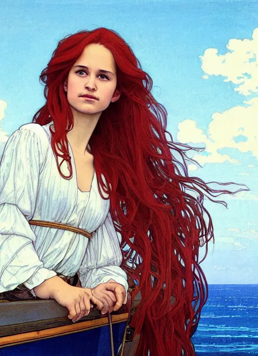 Image similar to a pretty young alicia vikander with long red hair blowing in the wind is leaning on the rail of a sailing ship, looking out to sea, path traced, highly detailed, high quality, digital painting, by studio ghibli and alphonse mucha, ron cobb, leesha hannigan, hidari, art nouveau, chiho aoshima, jules bastien - lepage