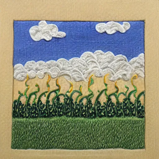 Prompt: a high quality handmade embroidery of a tornado coming towards a corn field. hand stitching