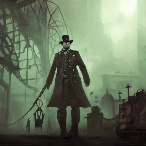 Image similar to steampunk soviet policeman, fog, darkness, evil, magic the gathering artwork, D&D, fantasy, cinematic lighting, centered, symmetrical, highly detailed, digital painting, artstation, concept art, smooth, sharp focus, illustration, volumetric lighting, epic Composition, 8k, art by Akihiko Yoshida and Greg Rutkowski and Craig Mullins, oil painting, cgsociety