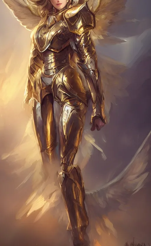 Prompt: Concept art, angel knight girl in golden and cooper armor, artstation trending, highly detailded